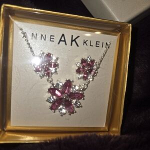 Anne Klein Pink and Silver Floral Necklace and Earring Set